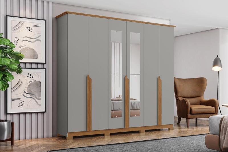 Guarda-Roupa Andreas 06 Pts. C/ Espelho Cinza/Nature - Henn - LM